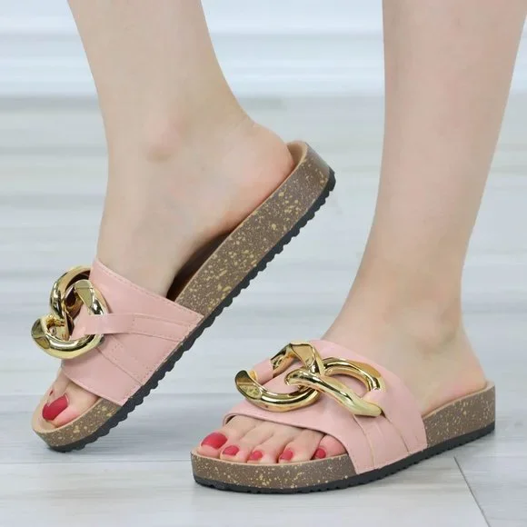 Pink Flat Slip On Sliders Sandal Trendy Comfort Lightweight Blush and Gold - Picture 13 of 13